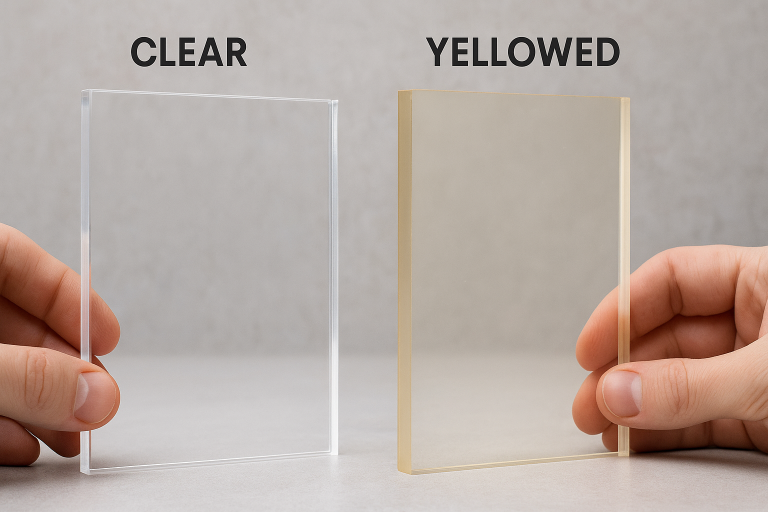 A visual comparison of two acrylic sheet samples: one demonstrating superior optical clarity and transparency, and another exhibiting a slight yellowing or haze. This illustrates the critical impact of material quality on the desired visual properties of acrylic boxes.