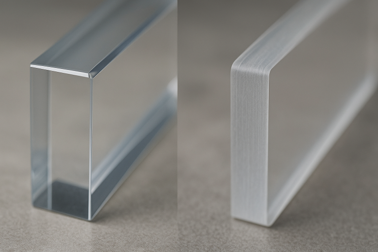 A close-up side-by-side view of two acrylic edges: one demonstrating the perfectly smooth, transparent finish achieved through 