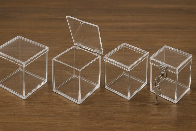 A visually instructive collection of various small acrylic boxes, each featuring a distinct lid mechanism: a simple lift-off lid, a functional hinged lid, a space-saving sliding lid, and a secure lockable lid. This provides a clear visual guide to available closure options.