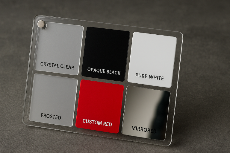 A professional swatch palette showcasing a diverse range of acrylic finishes and colors: crystal clear, opaque black, pure white, frosted (translucent), a vivid custom red, and a reflective mirrored sample. This illustrates the extensive customization options available for acrylic boxes.