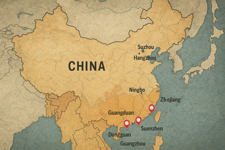 A stylized map of China distinctly highlighting key manufacturing provinces like Guangdong and Zhejiang, with precise markers indicating cities recognized for their concentrated acrylic fabrication industries. This aids buyers in visualizing and targeting specialized production hubs.
