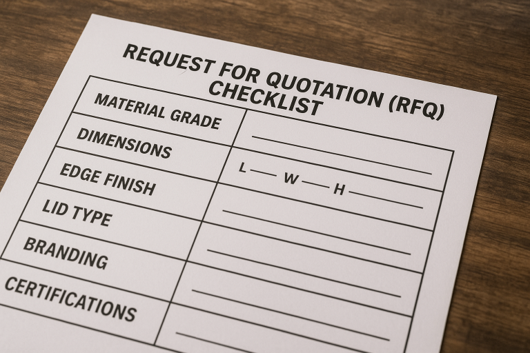 A structured sample Request for Quotation (RFQ) checklist, specifically tailored for acrylic box procurement. It systematically lists essential parameters such as material grade, precise dimensions, desired edge finish, specific lid type, branding requirements, and necessary certifications, serving as a template for comprehensive buyer specifications.