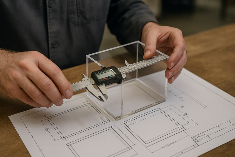 A quality inspector meticulously measuring an acrylic box with precision calipers, cross-referencing against a technical drawing during a First Article Inspection. This illustrates the exacting nature of FAI in verifying product specifications.