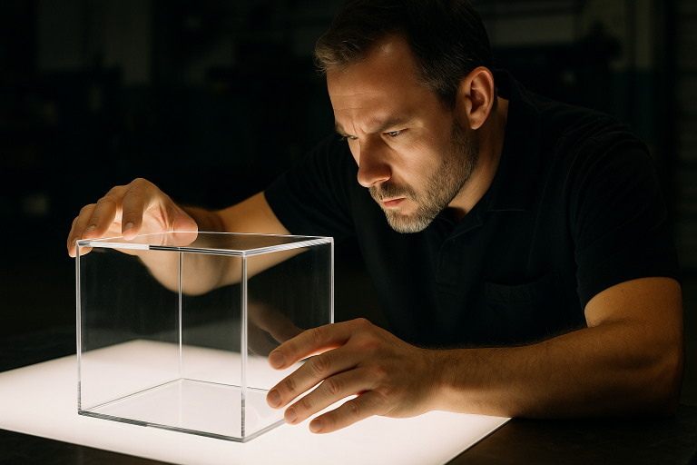 A quality control technician meticulously inspecting an acrylic box on a specialized light table, searching for surface defects, internal bubbles, and assessing overall clarity and finish. This demonstrates a common and effective QC technique used in acrylic manufacturing.