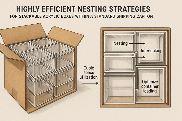 A technical diagram illustrating highly efficient nesting strategies for stackable acrylic boxes within a standard shipping carton. This demonstrates methods to maximize cubic space utilization and optimize container loading for cost-effective logistics.