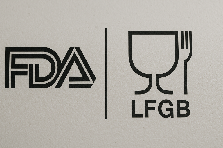 Stylized logos and symbols representing FDA (Food and Drug Administration) and LFGB (Lebensmittel-, Bedarfsgegenstände- und Futtermittelgesetzbuch) compliance marks. This visually signifies the critical importance of food-grade certification requirements for acrylic boxes intended for food contact.