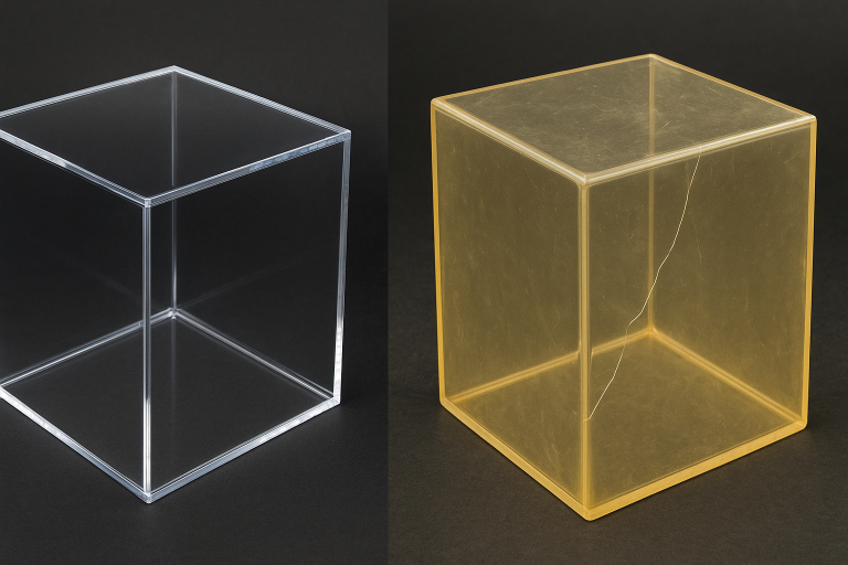 A split photographic image: the left side displays a pristine, crystal-clear acrylic box, while the right side shows a similar box exhibiting noticeable yellowing and a visible surface crack. This juxtaposition powerfully illustrates common quality degradation risks over time.
