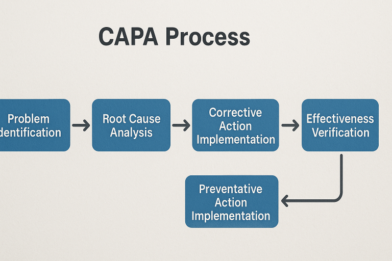 A streamlined flowchart illustrating the key stages of a CAPA (Corrective and Preventative Action) process: Problem Identification → Root Cause Analysis → Corrective Action Implementation → Preventative Action Implementation → Effectiveness Verification. This visual aids understanding of a systematic approach to quality resolution.
