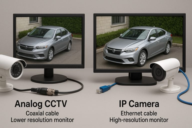 A visual representation comparing the cabling and resolution differences between an analog CCTV camera setup (coaxial cable, lower resolution monitor) and an IP camera setup (Ethernet cable, high-resolution monitor), emphasizing the technological shift discussed in 1.1.1 and 1.1.2, relevant for procurement decisions.