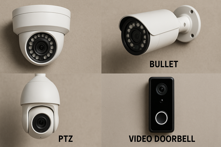 A collage visually presenting various security camera form factors—including dome, bullet, PTZ, and a video doorbell—with clear labels, aiding procurement specialists in identifying common types based on their intended function and application environment.