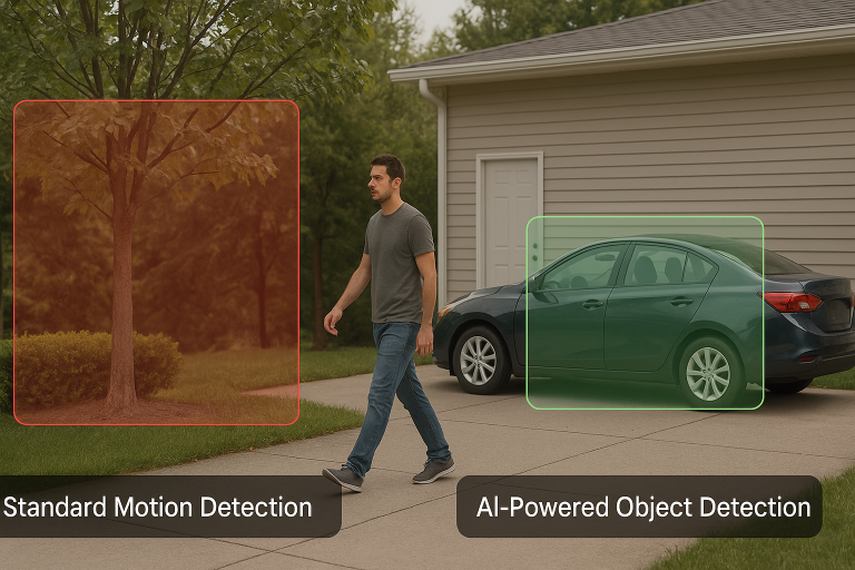 A graphic illustrating the qualitative improvement from standard motion detection (triggered by irrelevant movements like swaying branches) to AI-powered object detection, demonstrating how it intelligently filters out non-threats and highlights only human or vehicle detection, as explained in section 1.3.3, which is vital for effective surveillance.