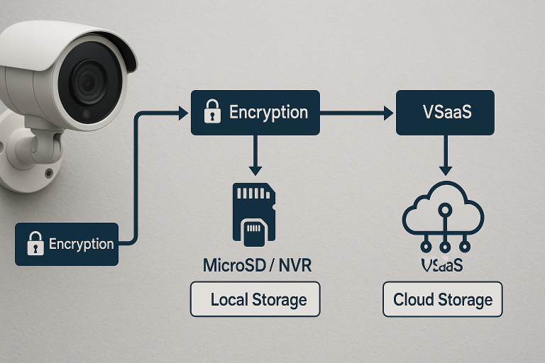 A clear flow chart depicting the data pathways from a security camera, illustrating both local storage options (MicroSD/NVR) and cloud storage (VSaaS), highlighting the importance of encryption at various points in the data flow, as discussed in sections 1.4 and 1.5.3, for comprehensive security.