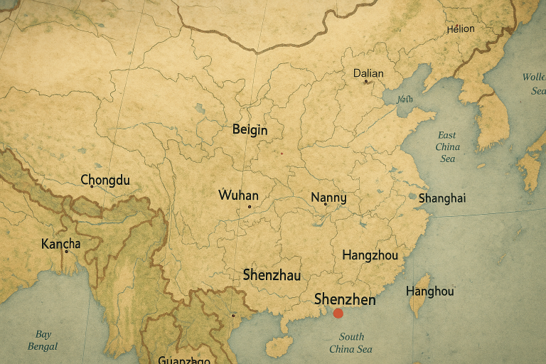 A geographical map of China highlighting major electronics manufacturing hubs, including Shenzhen and Hangzhou, visually illustrating the concentrations of security camera manufacturers discussed in sections 2.1.1 and 2.1.2, aiding in strategic supplier search.
