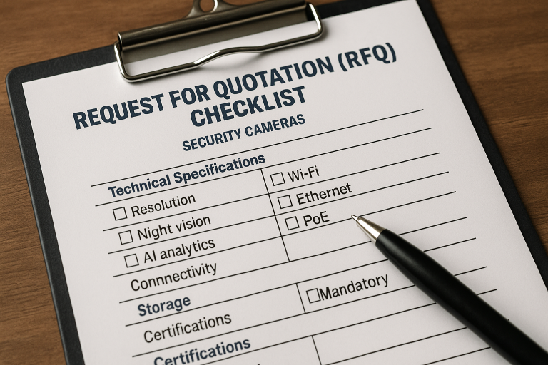 A visual representation of a sample Request for Quotation (RFQ) checklist template specifically tailored for security cameras, showcasing critical sections for technical specifications (resolution, night vision, AI analytics), connectivity, storage, and mandatory certifications, serving as a practical aid for buyers in creating precise procurement documents.