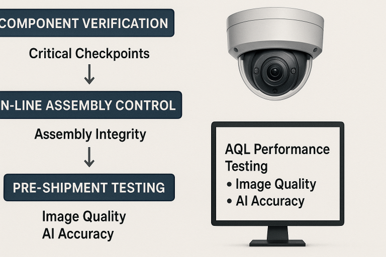 A detailed diagram outlining a multi-stage quality control process specifically for security cameras, indicating critical checkpoints for component verification, in-line assembly integrity, and comprehensive pre-shipment AQL performance testing, with particular emphasis on validating image quality and AI accuracy.