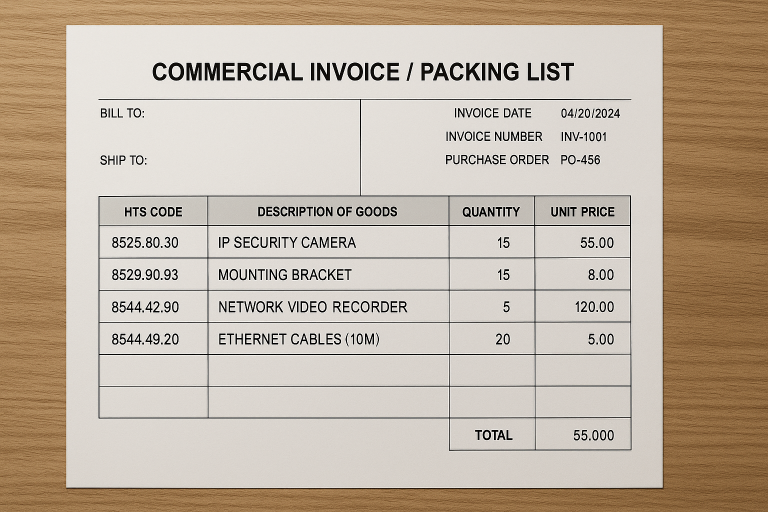 An example of a commercial invoice or packing list tailored for a security camera shipment, explicitly highlighting key fields such as HTS codes, detailed product descriptions, and accurate quantities, serving as a guide for preparing precise customs documentation.