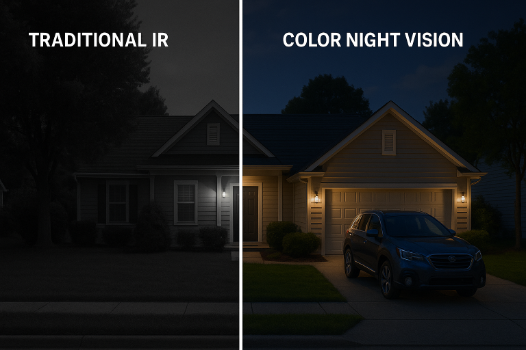 A comparative graphic demonstrating the output of traditional IR night vision (monochromatic) versus advanced color night vision (retaining color detail), illustrating a critical feature for sourcing high-performance security cameras.