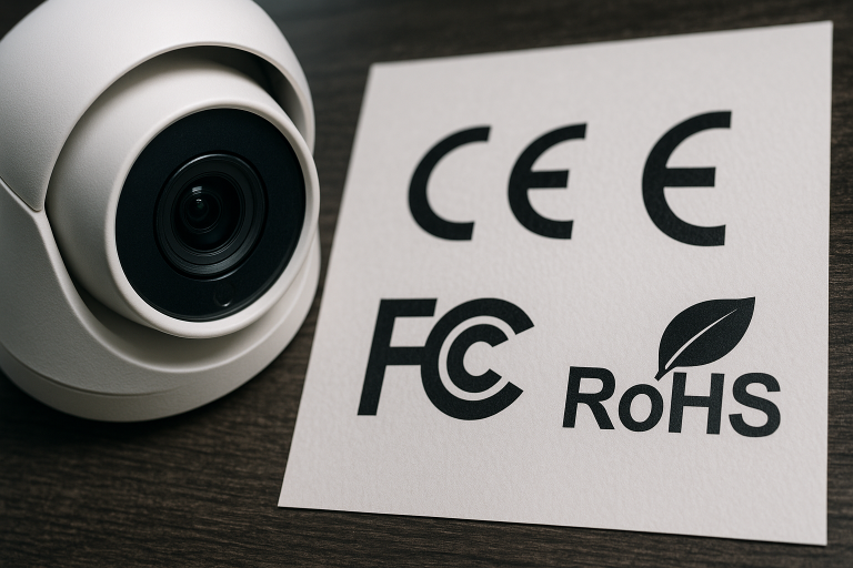 A visual representation of key international product certifications (CE, FCC, RoHS logos) crucial for importing security cameras, emphasizing the regulatory compliance requirements discussed in section 2.2.2 for market access.