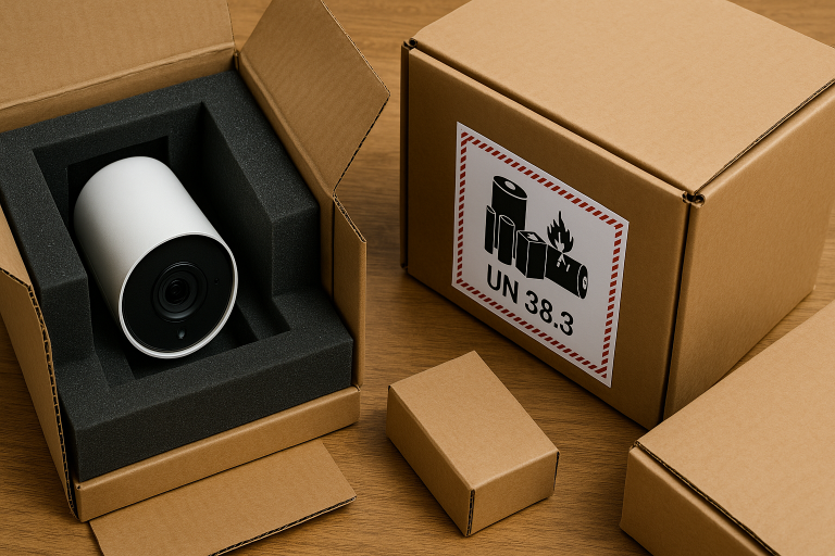A visual showing compliant packaging for delicate electronic goods, including custom foam inserts and robust outer boxes, alongside a UN 38.3 battery testing label, illustrating the secure logistics and battery regulation compliance discussed in section 3.3 for security camera shipments.