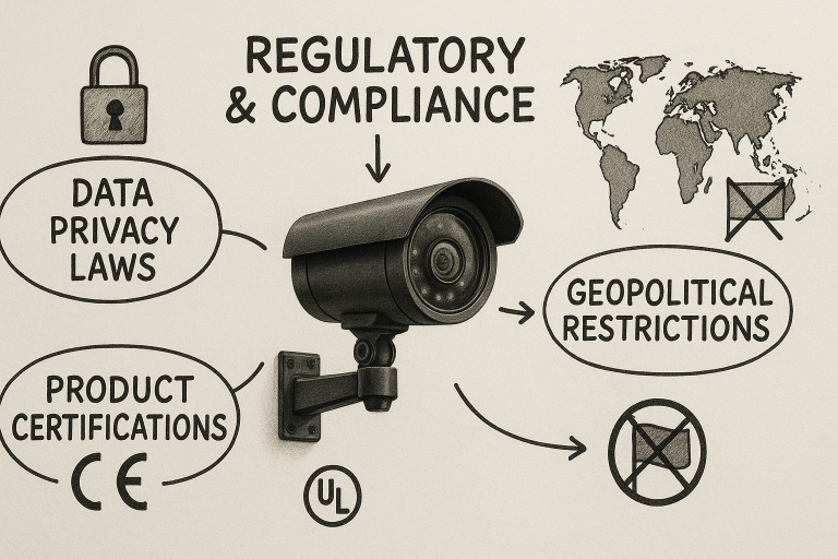 A conceptual diagram illustrating various regulatory and compliance challenges in international security camera trade, encompassing data privacy laws, product certifications, and geopolitical restrictions, highlighting the complexities discussed in section 3.2.