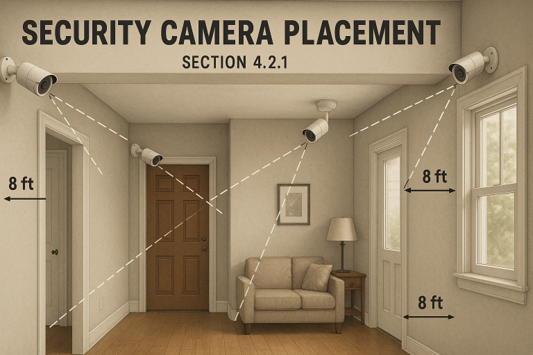An illustrative diagram showing strategic placement of security cameras around a property or within an interior space, indicating optimal mounting heights and angles to maximize coverage and deter intrusion, as outlined in section 4.2.1.