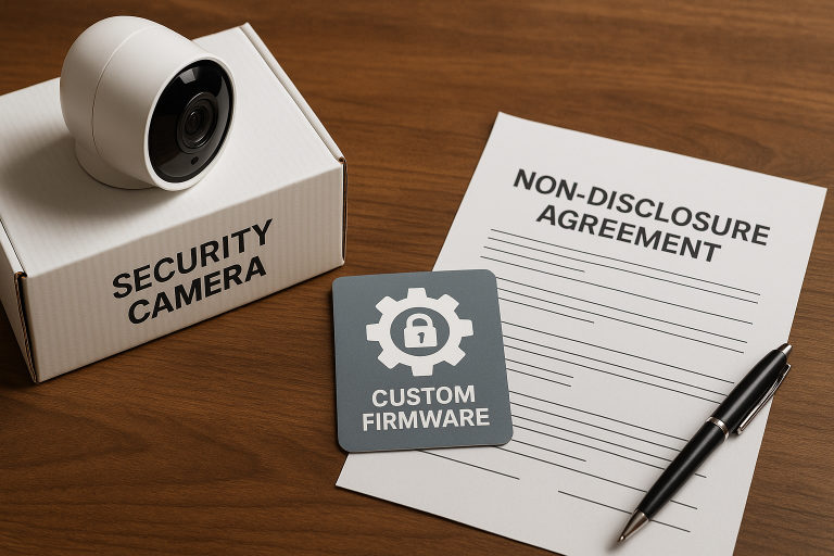 A visual representation of intellectual property protection mechanisms in the context of security camera sourcing, depicting branded packaging, custom firmware icons, and a non-disclosure agreement, emphasizing the safeguarding of unique product offerings.