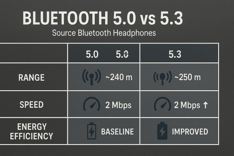 Infographic comparing Bluetooth versions (e.g., 5.0 vs 5.3) showcasing improvements in range, speed, and energy efficiency, helping buyers understand the importance of specifying the latest version when they **source Bluetooth Headphones**.