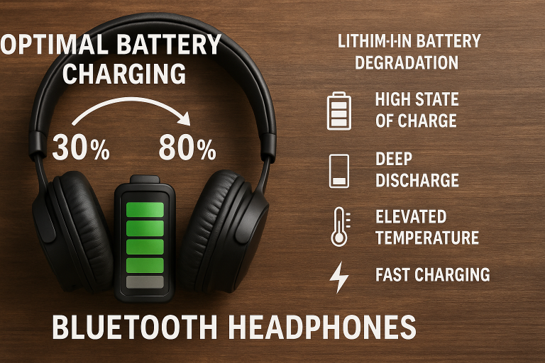 Diagram illustrating optimal battery charging practices (e.g., 30-80% range) and factors affecting lithium-ion battery degradation in Bluetooth Headphones, a key consideration for **Bluetooth Headphones quality control** and ensuring product longevity.