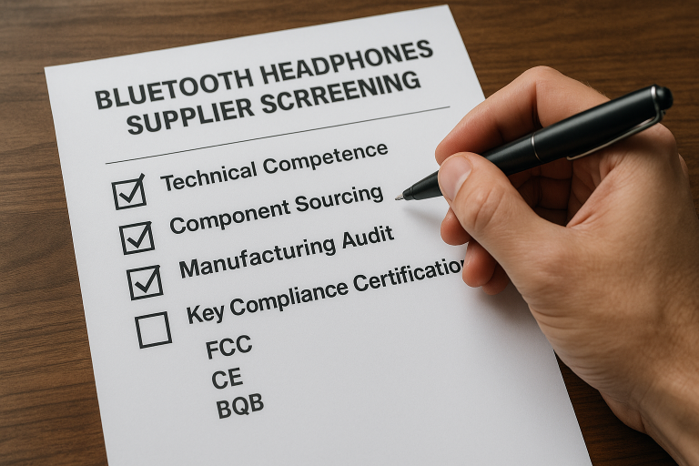 Checklist for **Bluetooth Headphones supplier screening** covering technical competence, component sourcing, manufacturing audit, and key compliance certifications like FCC, CE, BQB, for a rigorous and systematic vetting process.