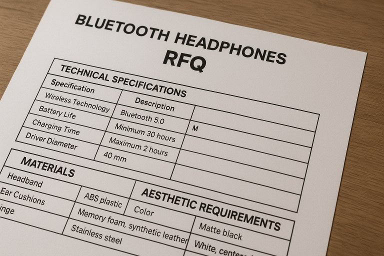 Sample template for a detailed Bluetooth Headphones RFQ, highlighting sections for technical specifications, material choices, and aesthetic requirements, crucial for fostering clear and unambiguous communication with **China Bluetooth Headphones suppliers**.