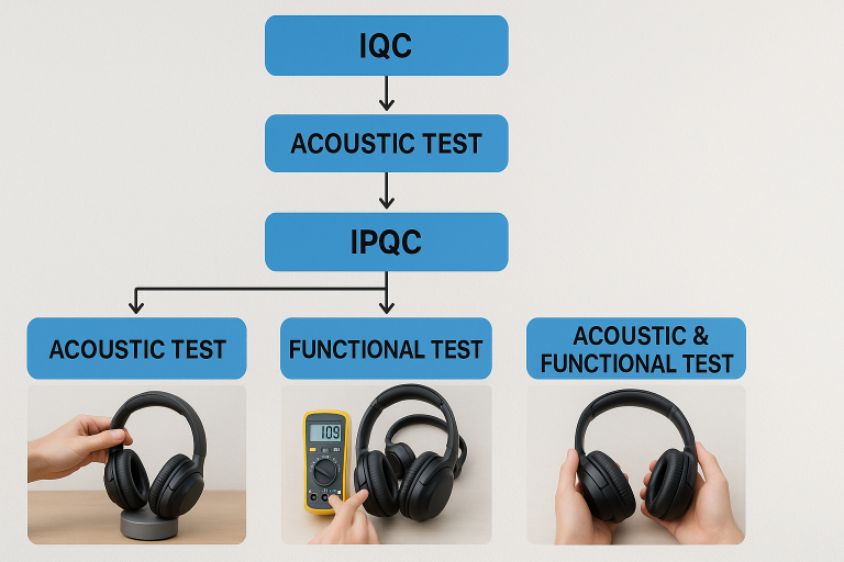 Flowchart depicting the stages of quality control for Bluetooth Headphones, from IQC (Incoming Quality Control) to IPQC (In-Process Quality Control) and FQC (Final Quality Control), highlighting critical acoustic and functional tests at each step.