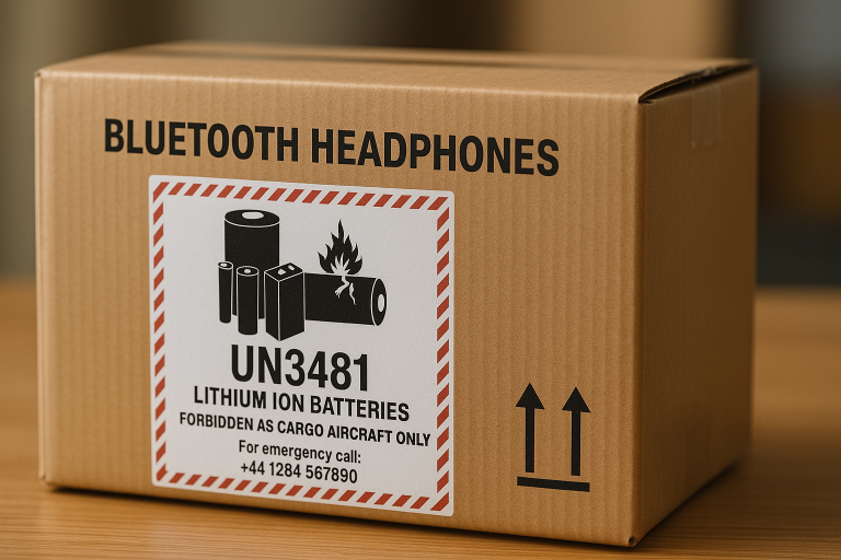 Example of dangerous goods labels and specialized packaging for shipping Bluetooth Headphones containing lithium-ion batteries, illustrating the stringent UN38.3 compliance requirements for **Bluetooth Headphones international logistics**.