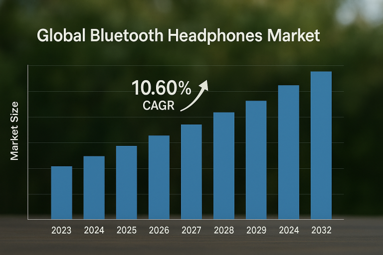 Bar chart illustrating the projected growth of the global Bluetooth headphones market from 2023 to 2032, emphasizing the 10.60% CAGR and significant market size increase, valuable for **import Bluetooth Head from China** strategic planning.