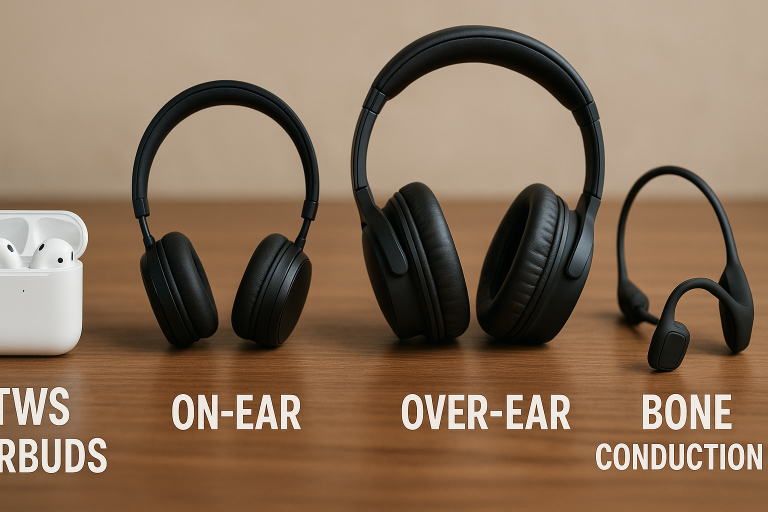 Visual representation of different Bluetooth headphone form factors (TWS earbuds, on-ear, over-ear, neckband, bone conduction), aiding in **defining product niches** for targeted sourcing and market segmentation.