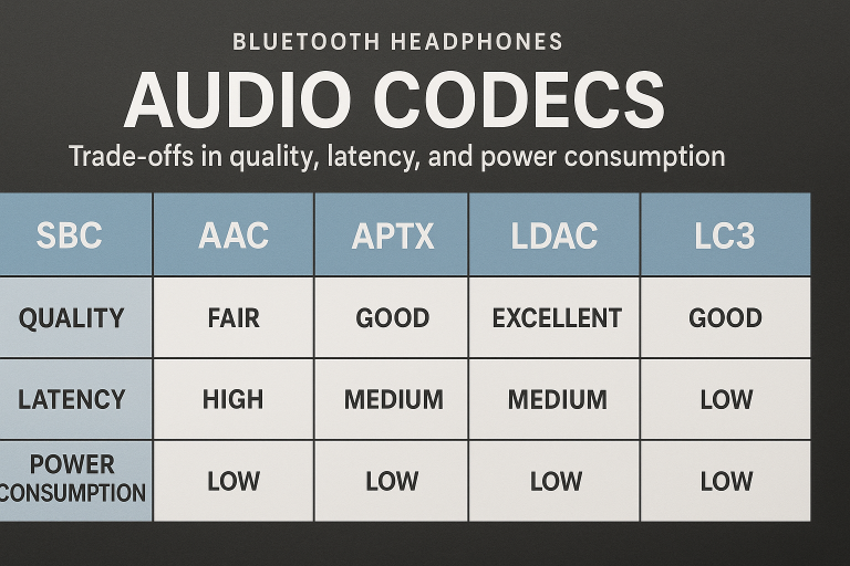 Infographic comparing key audio codecs (SBC, AAC, aptX, LDAC, LC3) and their trade-offs in quality, latency, and power consumption, crucial for understanding **Bluetooth Headphones technical specifications** and making informed sourcing decisions.