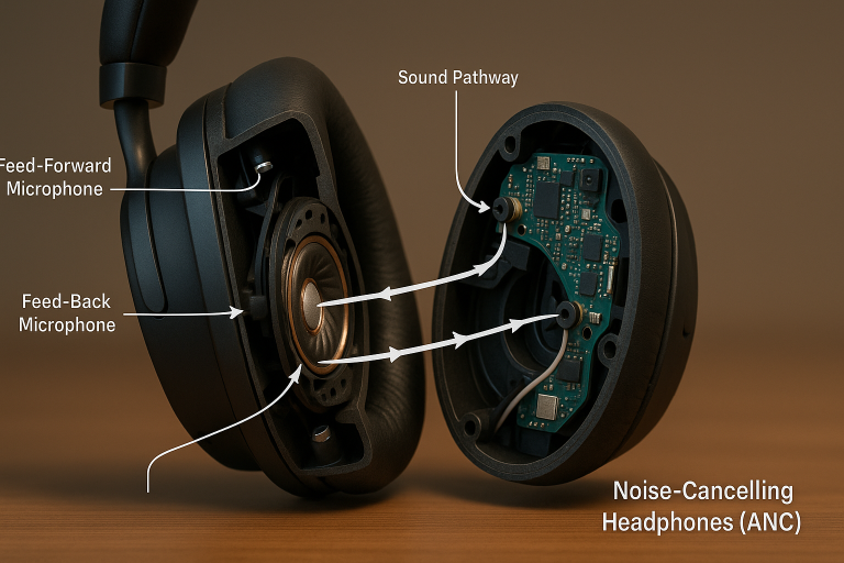 Cross-section diagram of an ANC-enabled over-ear headphone, highlighting microphone placement (feed-forward, feed-back) and internal sound pathways to illustrate the intricate workings of **Noise-Cancelling Headphones (ANC) technology**.