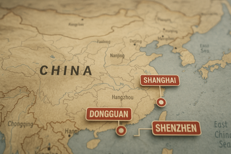 Map of China highlighting key electronics manufacturing hubs (Shenzhen, Dongguan, Shanghai), illustrating geographic specialization and informing the search for reliable **China Bluetooth Headphones suppliers**.