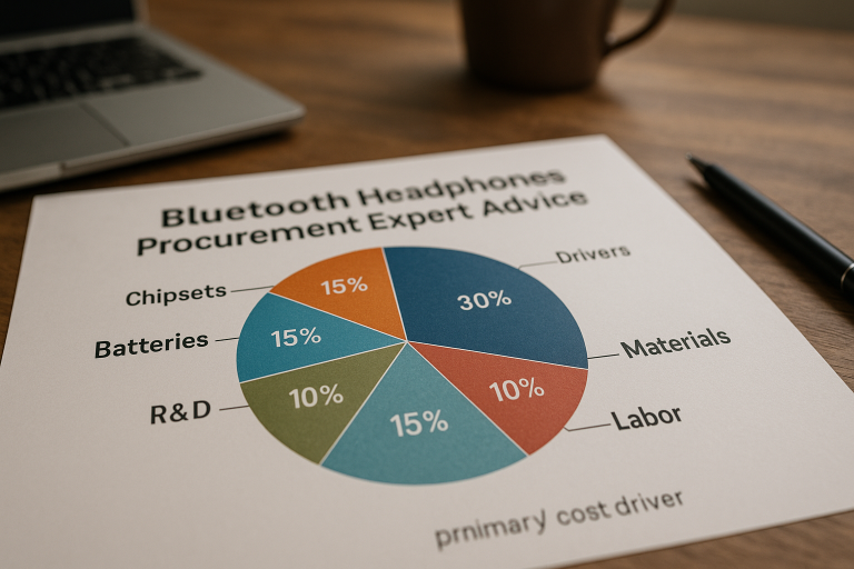Pie chart breaking down the primary cost drivers of Bluetooth headphone manufacturing (chipsets, batteries, drivers, materials, R&D, labor), aiding in strategic cost analysis and **Bluetooth Headphones procurement expert advice**.