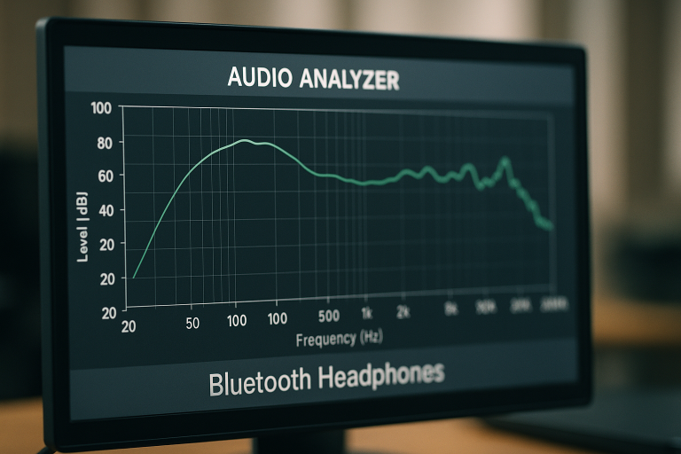 Image of an audio analyzer displaying a frequency response graph, illustrating objective acoustic testing for **Bluetooth Headphones quality control**, ensuring consistent sound profiles.