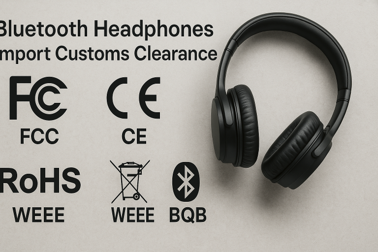 Infographic displaying various international compliance certifications (FCC, CE, RoHS, WEEE, BQB) with their respective logos, providing a quick reference for understanding mandatory requirements for **Bluetooth Headphones import customs clearance**.