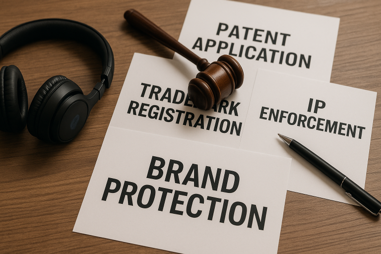 Visual demonstrating brand protection strategies including trademark registration, patent applications, and IP enforcement measures, vital for proactively avoiding **Bluetooth Headphones sourcing risks** related to intellectual property.