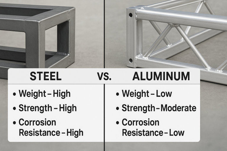 Visual comparison chart illustrating the pros and cons of steel vs. aluminum frames for stage and event platforms, highlighting key considerations like weight, strength, and corrosion resistance for informed sourcing decisions.