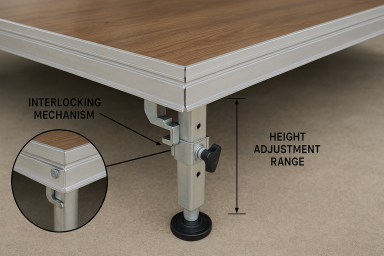 Technical diagram illustrating interlocking mechanisms and height adjustment range for modular stage platforms, crucial for clear `wooden platforms inquiry tips` and precise functionality.