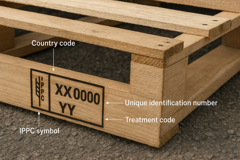 Annotated image demonstrating the required ISPM 15 stamp format and its constituent components on a wooden pallet, vital for `wooden platforms international logistics` compliance validation.