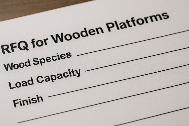 A cropped sample RFQ template for `wooden platforms`, highlighting critical sections for specifying wood species, precise load capacity requirements, and desired finish attributes for unambiguous communication.