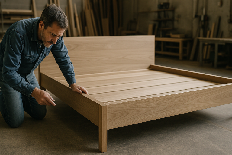 Example photo of a full-scale wooden bed platform prototype undergoing detailed inspection for design aesthetics, precise joinery, and structural integrity, illustrating the critical sampling phase for `custom wooden platforms`.
