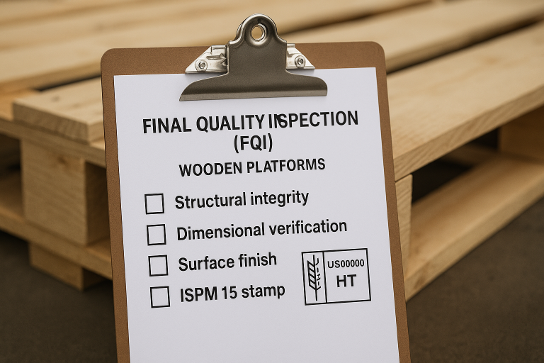 A sample checklist for Final Quality Inspection (FQI) of `wooden platforms`, encompassing structural integrity checks, precise dimensional verification, surface finish standards, and mandatory ISPM 15 stamp validation.