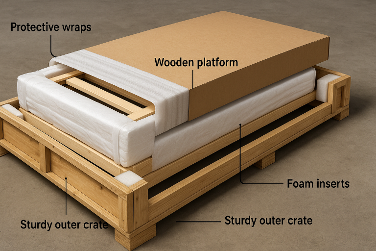 A detailed diagram illustrating effective multi-layered packaging for finished `wooden platforms` (e.g., bed frames), showcasing protective wraps, foam inserts, and a sturdy outer crate designed to mitigate transit damage.