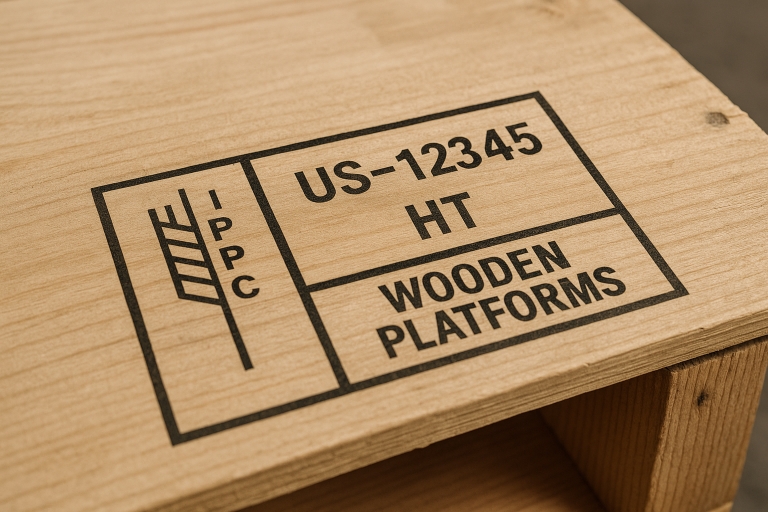 Close-up of a correctly formatted ISPM 15 IPPC stamp on a wooden crate for `wooden platforms`, prominently highlighting all required elements for precise international compliance validation.
