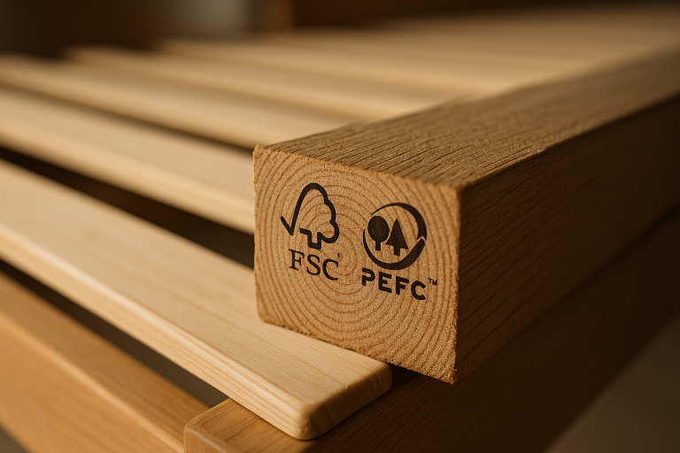 Close-up of a sustainably sourced lumber with FSC (Forest Stewardship Council) and PEFC (Programme for the Endorsement of Forest Certification) certifications, highlighting verifiable ethical timber procurement for bed platforms.